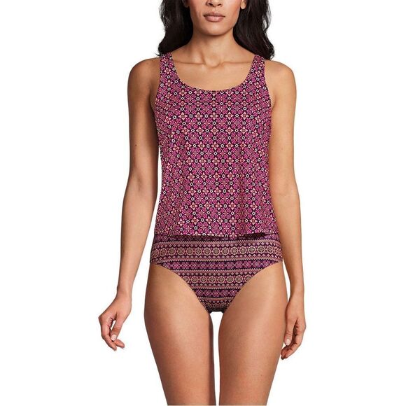 Land's End One Piece Swimsuit Fauxkini scoop neck blackberry tile Geo print 8 - Picture 3 of 6